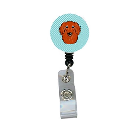 Teacher&Aposs Aid Checkerboard Blue Longhair Red Dachshund Retractable Badge Reel TE3449483
